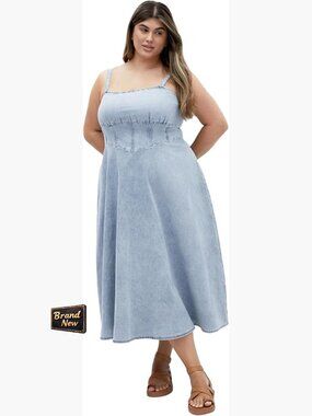 Plus Size Denim Corset Midi Dress - Stretch A-Line Sleeveless
